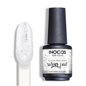 Top Coat Silver Foil Flocos Prata Gel 15ml Inocos